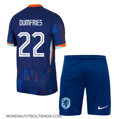 Camiseta Países Bajos Denzel Dumfries #22 Segunda Equipación Replica Eurocopa 2024 para niños mangas cortas (+ Pantalones cortos)